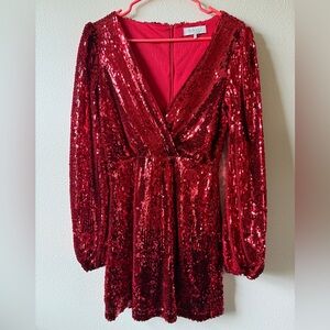 Wayf Shimmering Red Sequin Long Sleeve Dress